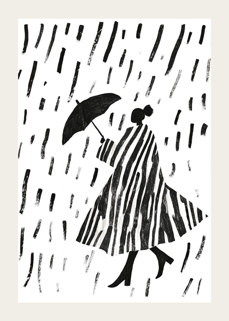 Elegant silhuett i regnet med djärva, svartvita ränder-12