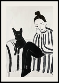 Een rustig tafereel met een vrouw en een hond in zwart-wit focus-2