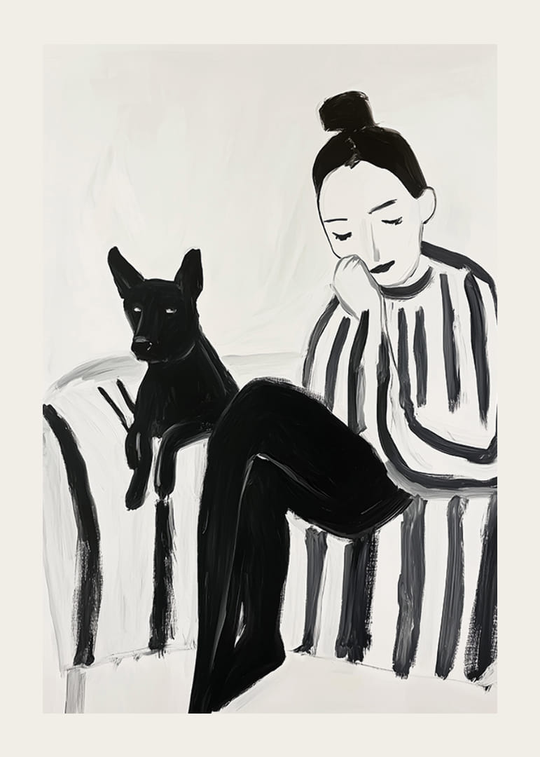 Een rustig tafereel met een vrouw en een hond in zwart-wit focus-12