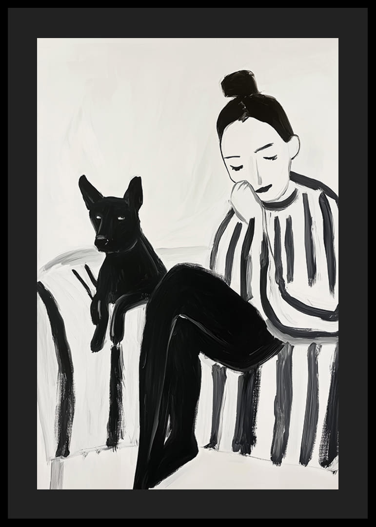 Een rustig tafereel met een vrouw en een hond in zwart-wit focus-12