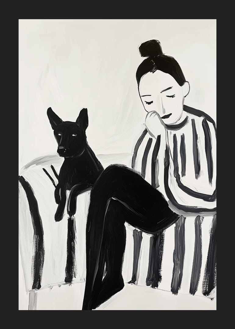 Een rustig tafereel met een vrouw en een hond in zwart-wit focus-12