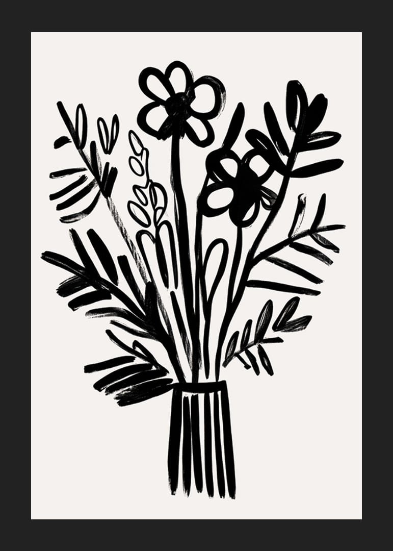 Svarte og hvite blomster i et elegant kunstverk fyller rommet med stil-12