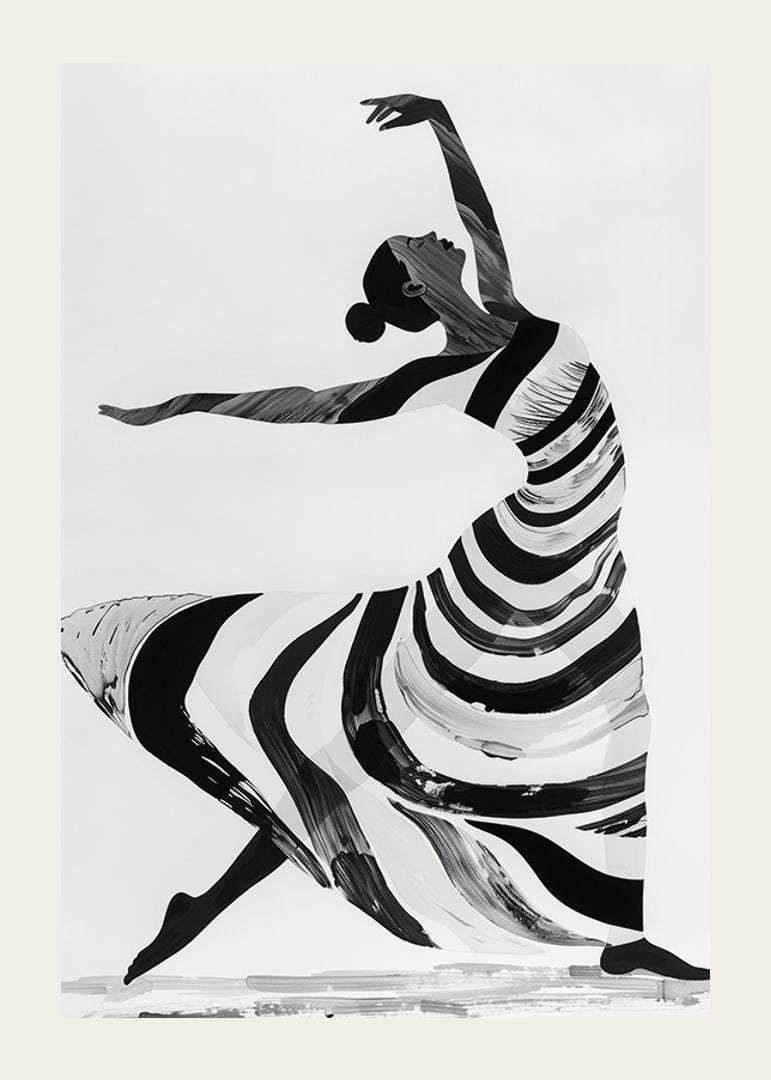 Black and white artwork of a dancer's fluid movements-12