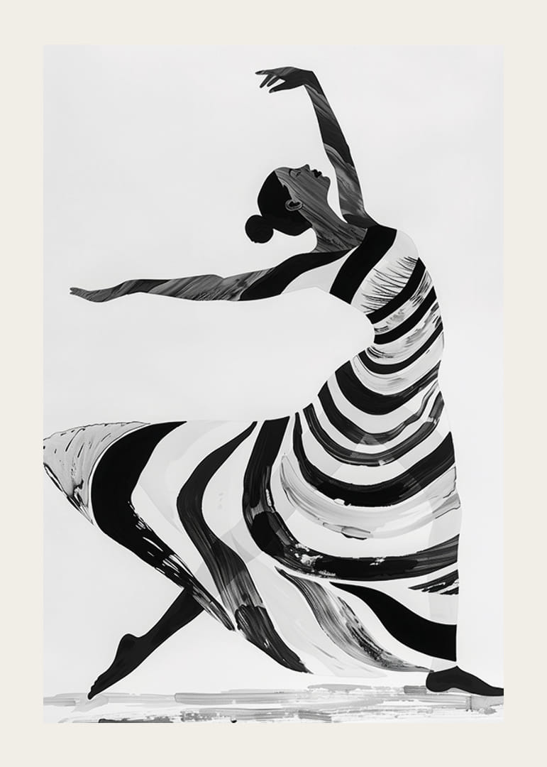 Svartvitt konstverk av en dansares flytande rörelser-12