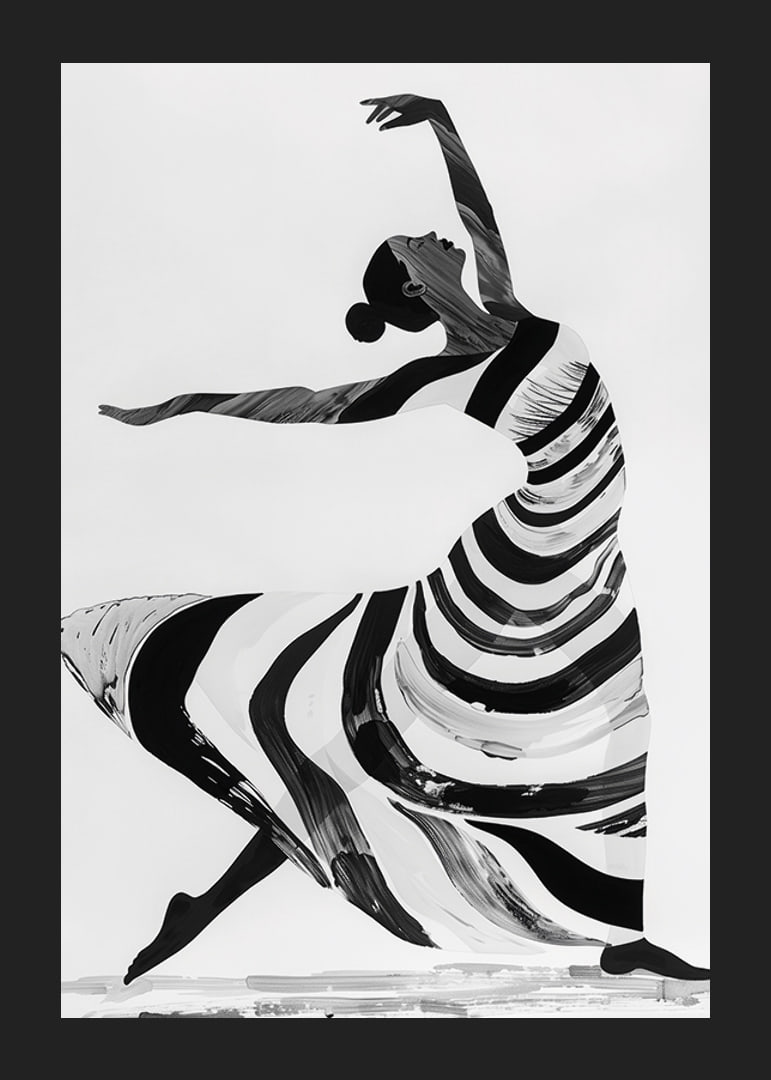 Black and white artwork of a dancer's fluid movements-12