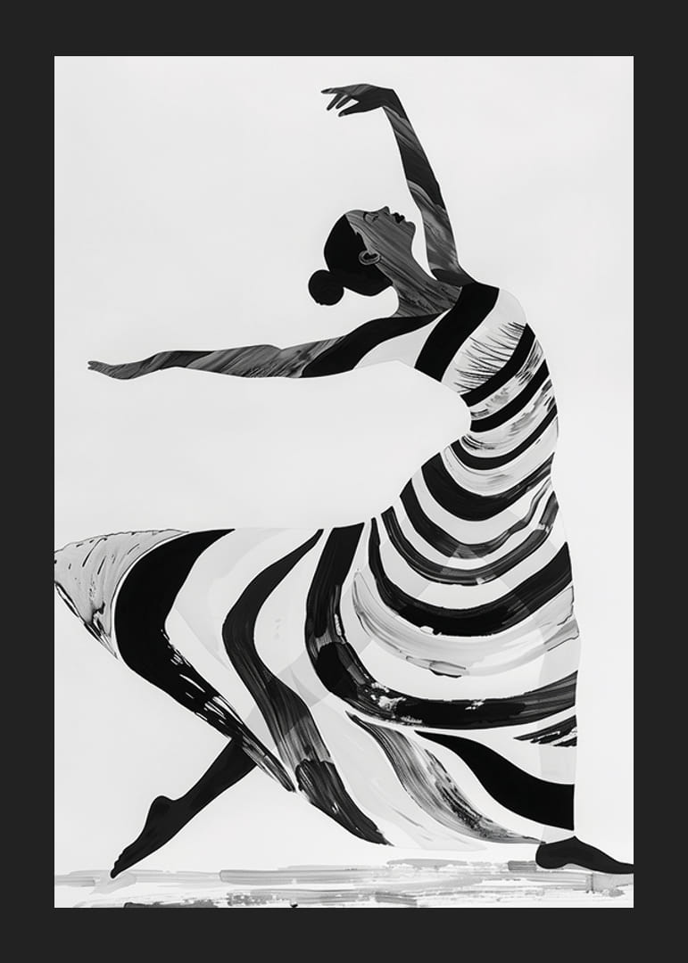Svartvitt konstverk av en dansares flytande rörelser-12