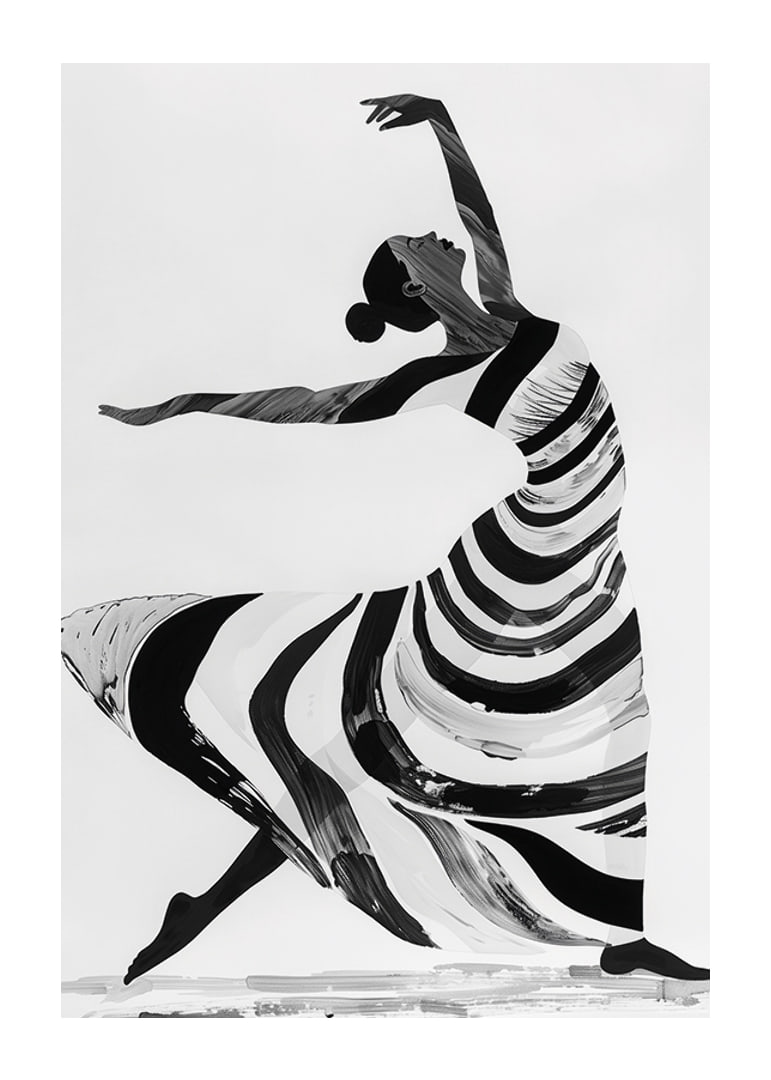 Black and white artwork of a dancer's fluid movements-12