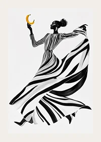 An elegant woman in black and white with a banana against a light background-3