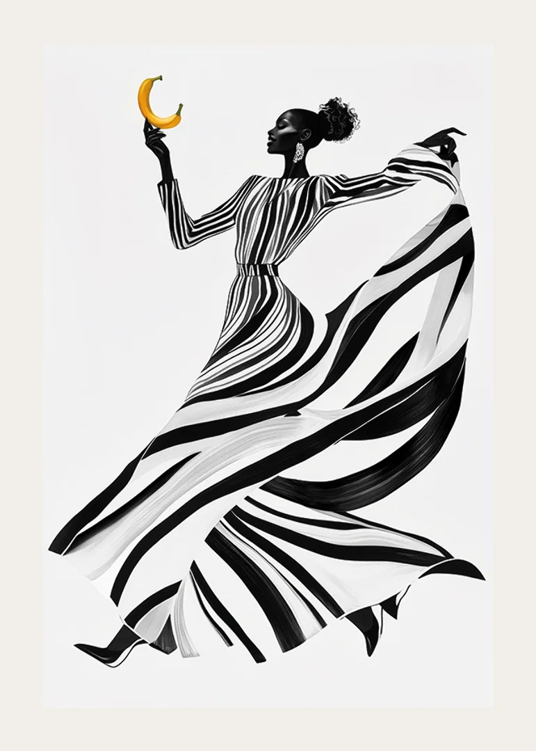 An elegant woman in black and white with a banana against a light background-12