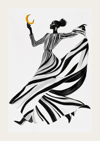 Egy elegáns fekete-fehér nő, banánnal, világos háttér előtt-3