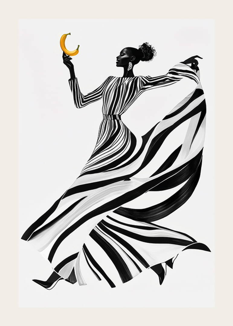 Egy elegáns fekete-fehér nő, banánnal, világos háttér előtt-12