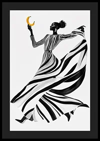 An elegant woman in black and white with a banana against a light background-4
