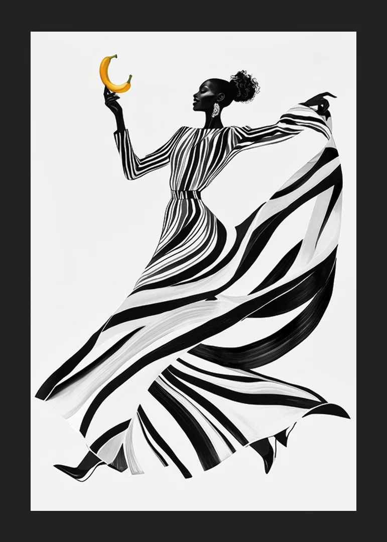 An elegant woman in black and white with a banana against a light background-12