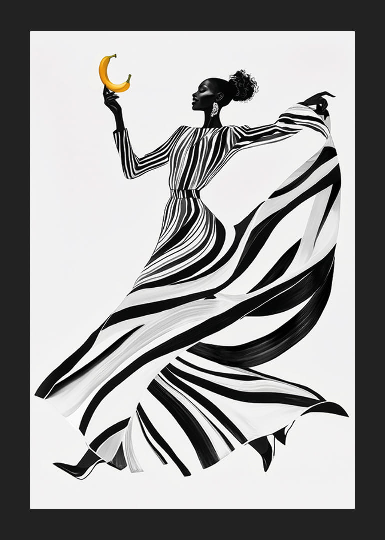 Egy elegáns fekete-fehér nő, banánnal, világos háttér előtt-12