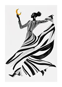 An elegant woman in black and white with a banana against a light background-1