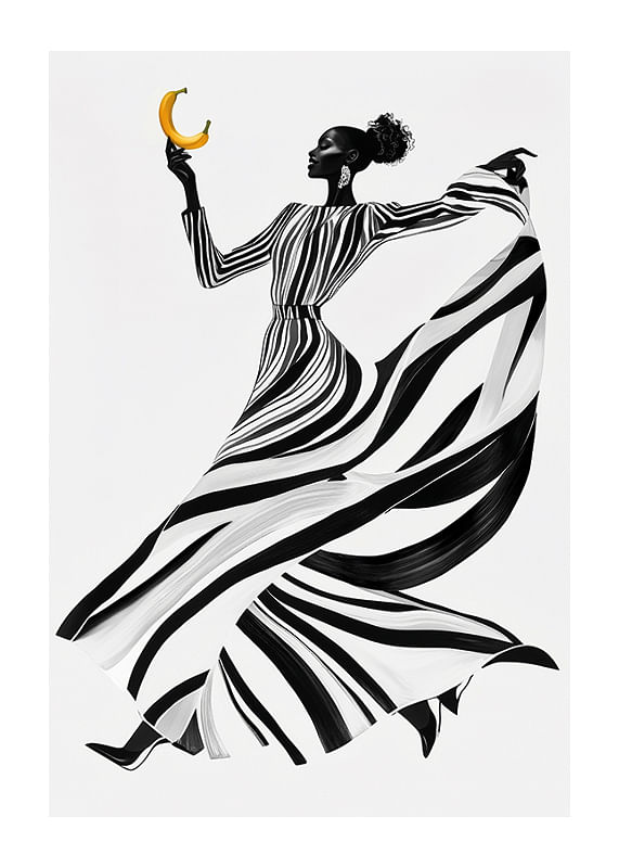 Uma mulher elegante a preto e branco com uma banana sobre um fundo claro-12