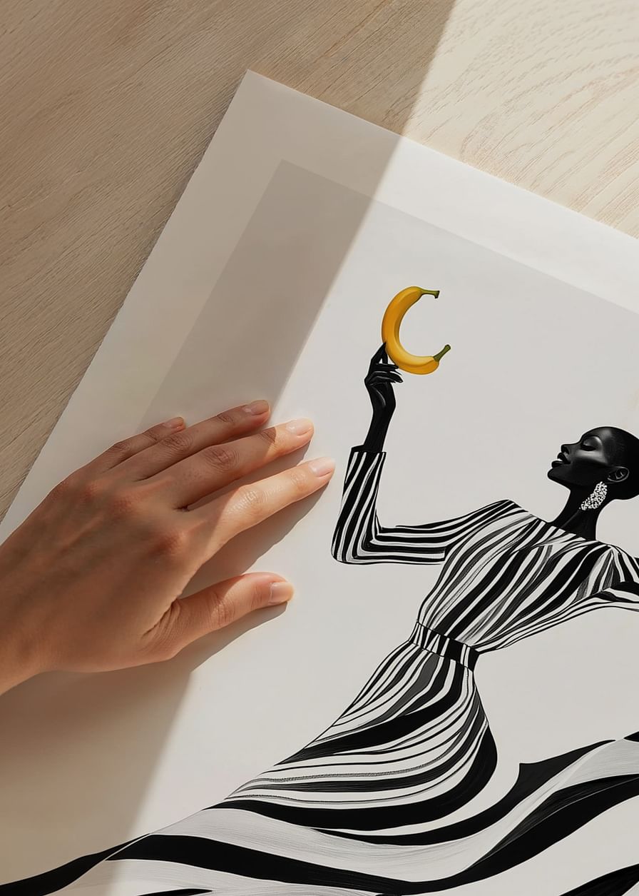 Uma mulher elegante a preto e branco com uma banana sobre um fundo claro-12