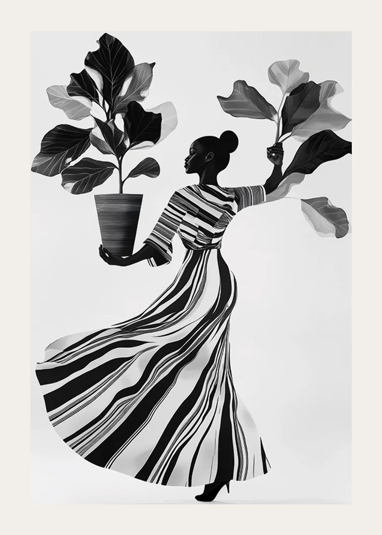 Stylish silhouette with lush leaves and flowing dress-12