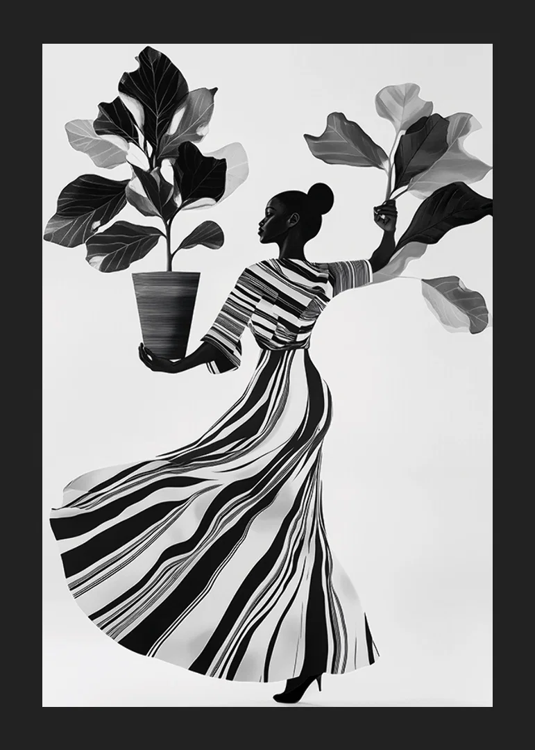 Stylish silhouette with lush leaves and flowing dress-12
