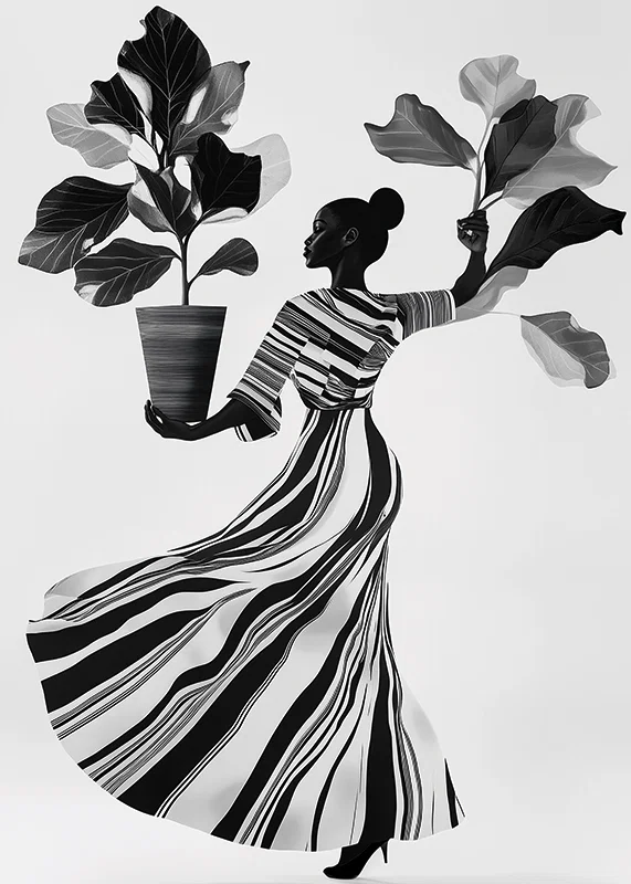 Stylish silhouette with lush leaves and flowing dress-12