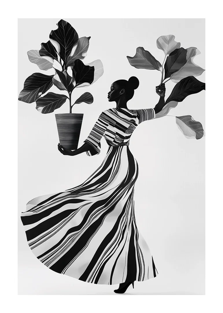 Stylish silhouette with lush leaves and flowing dress-12