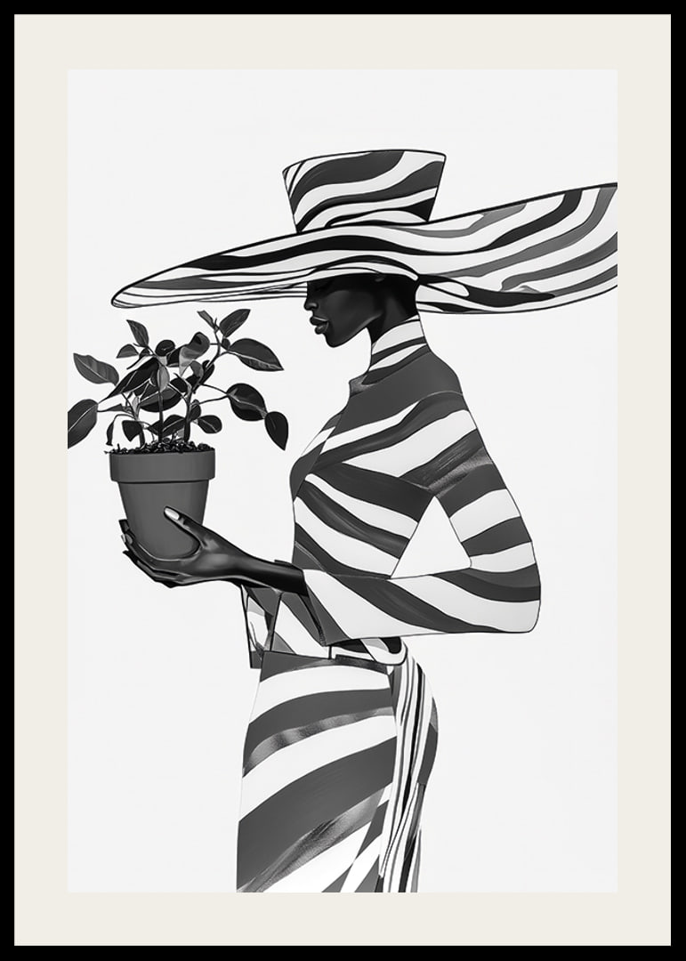 An elegant silhouette in black and white with a plant in her hand-12