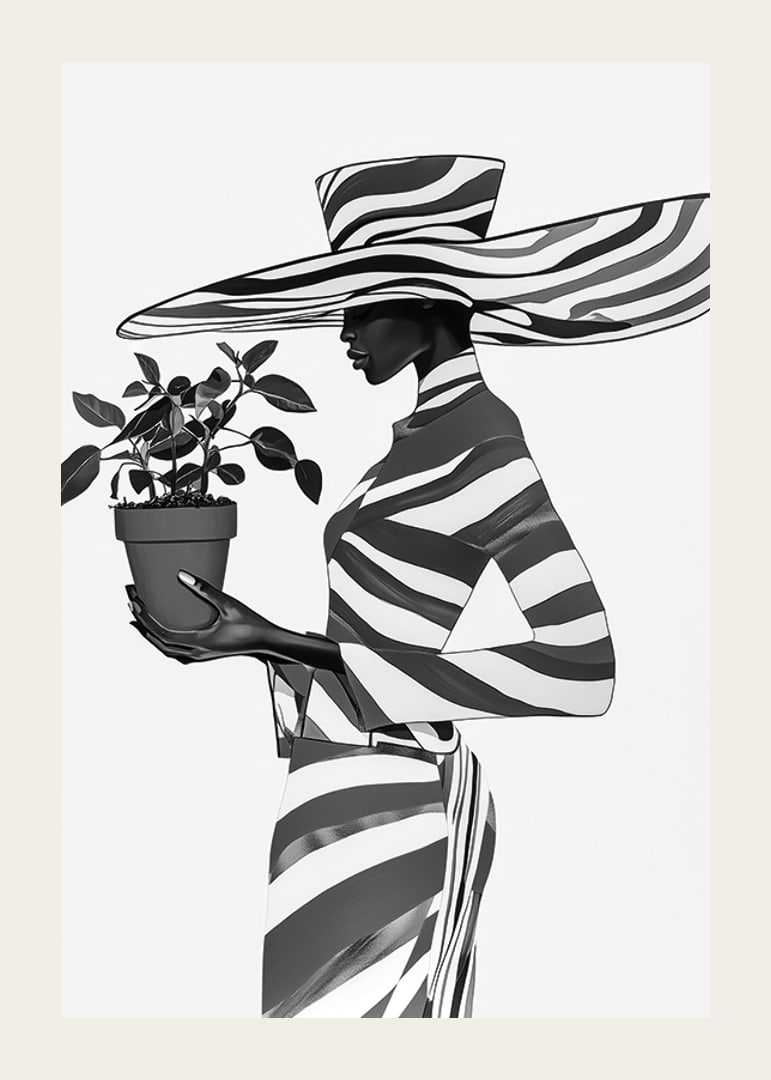 An elegant silhouette in black and white with a plant in her hand-12