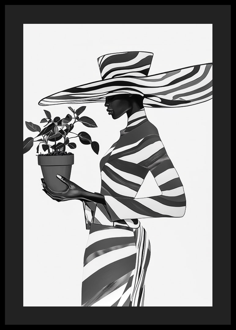 An elegant silhouette in black and white with a plant in her hand-12