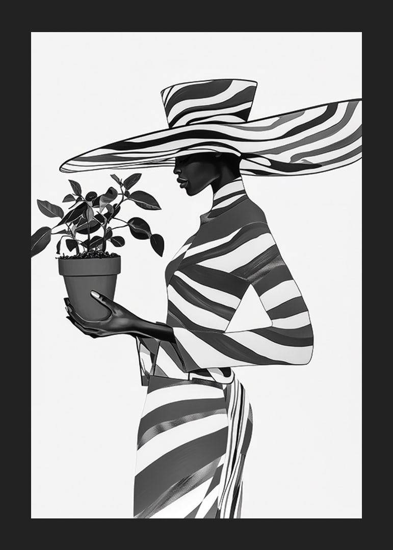 An elegant silhouette in black and white with a plant in her hand-12