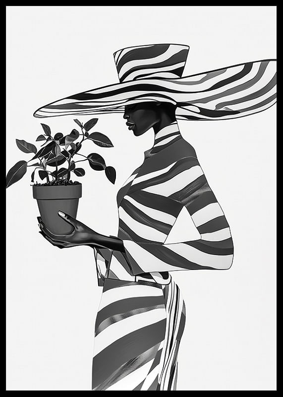 O siluetă elegantă în alb-negru cu o plantă în mână-12