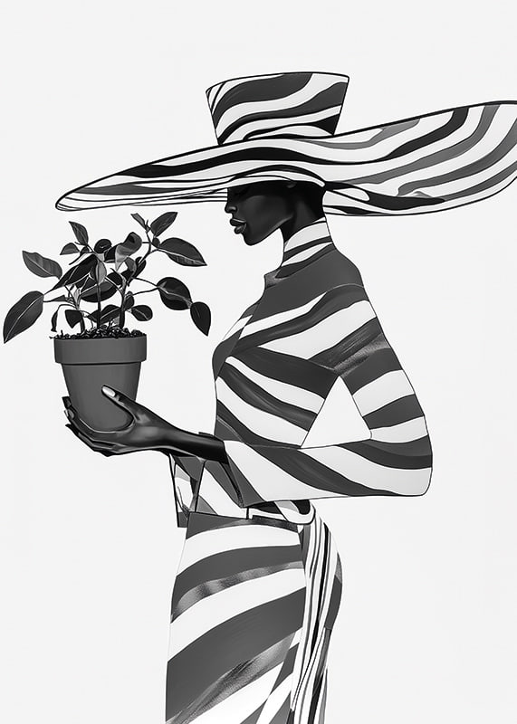 An elegant silhouette in black and white with a plant in her hand-12