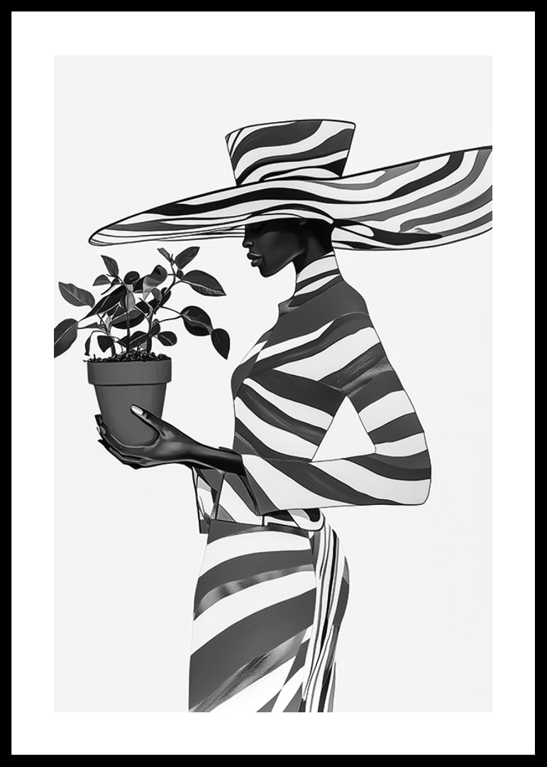 An elegant silhouette in black and white with a plant in her hand-12