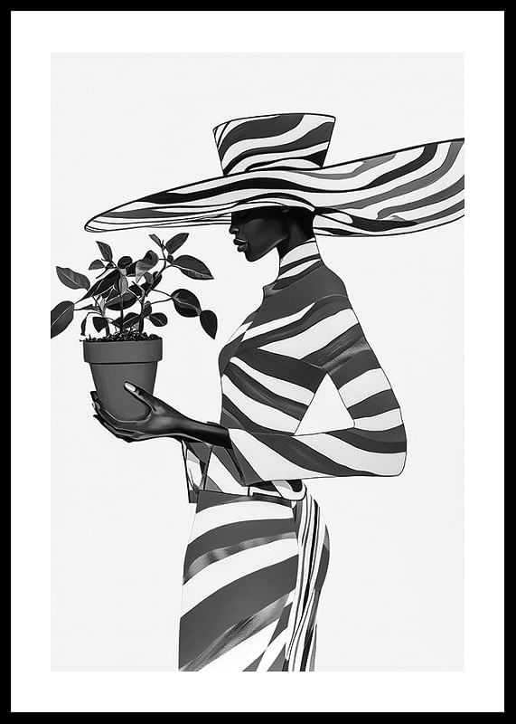 O siluetă elegantă în alb-negru cu o plantă în mână-12