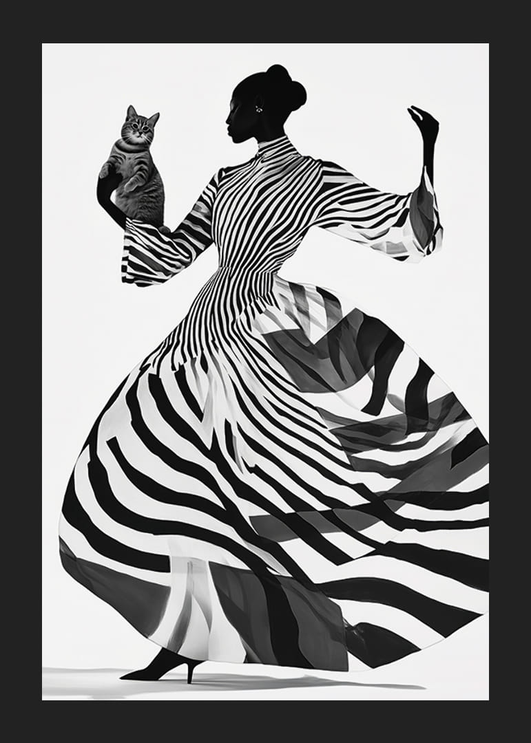 Une femme aux rayures élégantes tient un chat dans une danse harmonieuse-12