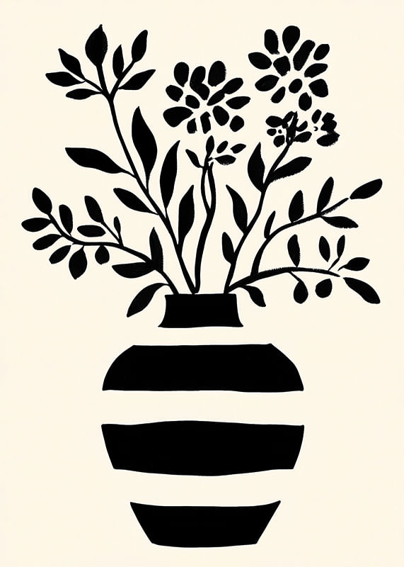 En elegant silhuet af blomster i en sort og hvid vase-12