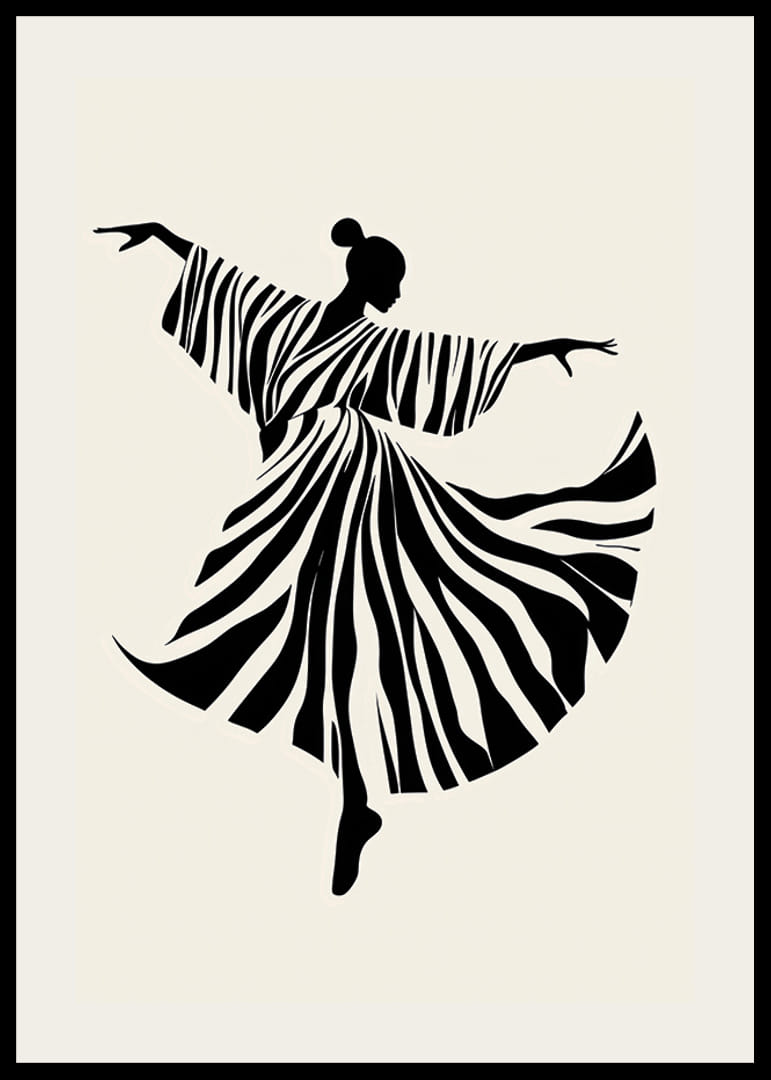 Tanssijan siluetti aaltoilevilla, mustavalkoisilla raidoilla-12
