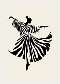Tanssijan siluetti aaltoilevilla, mustavalkoisilla raidoilla-3