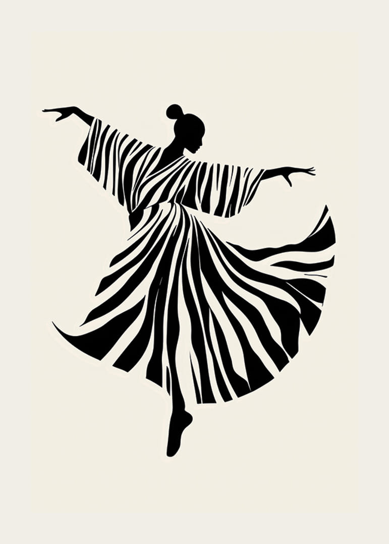 Tanssijan siluetti aaltoilevilla, mustavalkoisilla raidoilla-12
