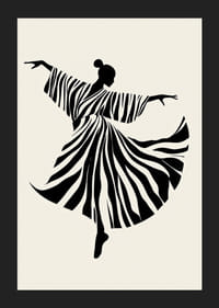 Tanssijan siluetti aaltoilevilla, mustavalkoisilla raidoilla-5