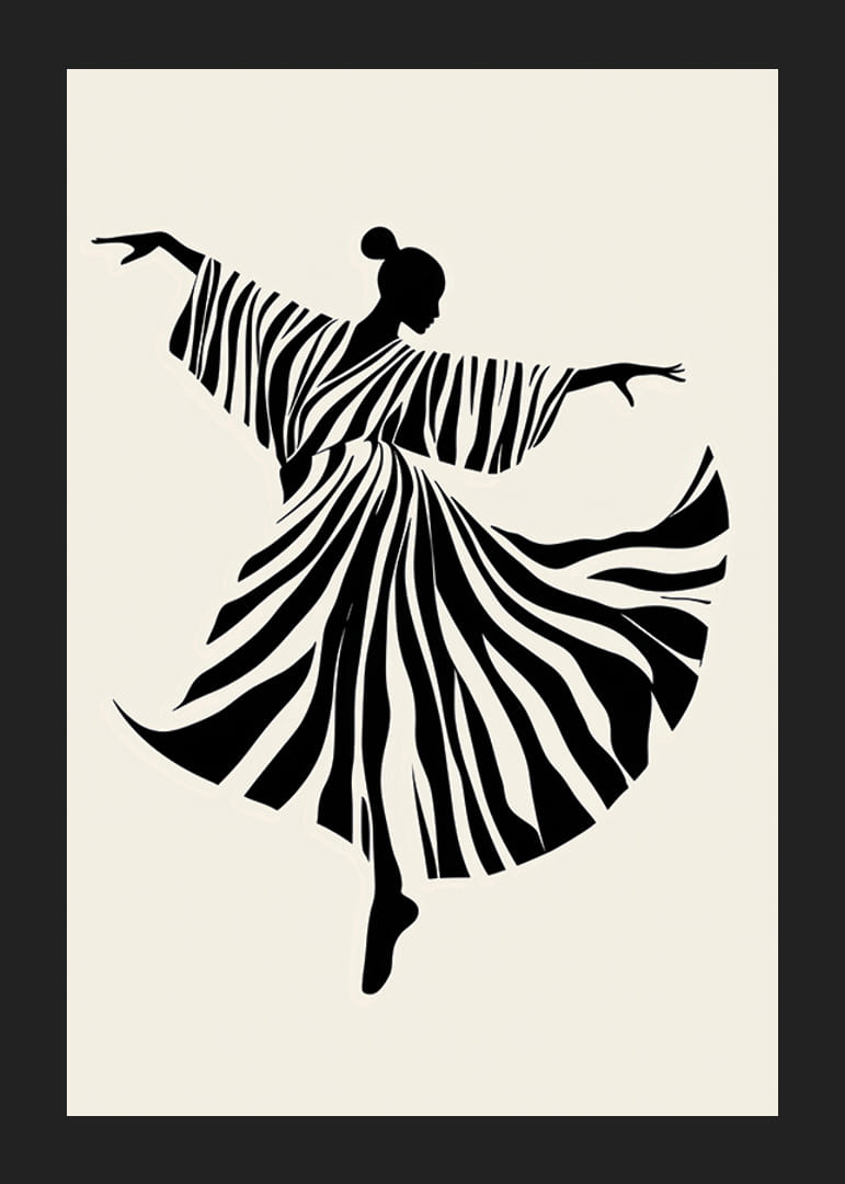 Tanssijan siluetti aaltoilevilla, mustavalkoisilla raidoilla-12