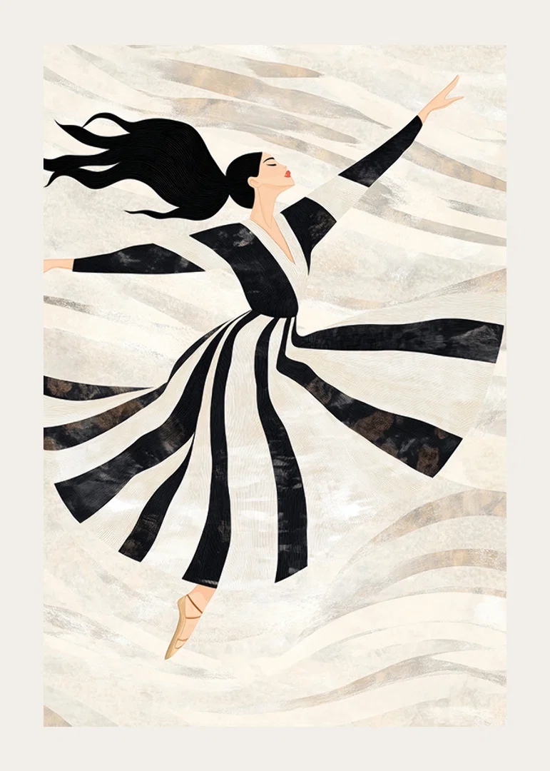 A dancer floats gracefully in black and white swirls-12