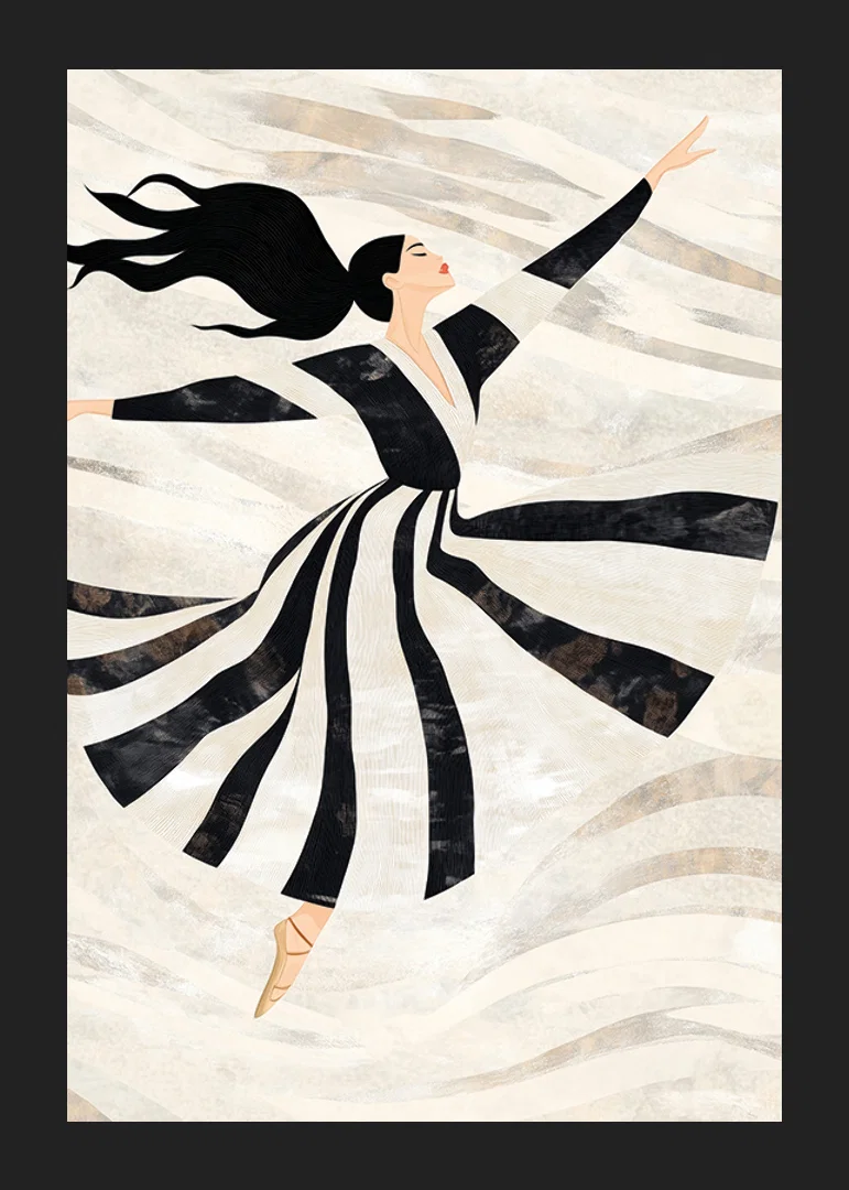 A dancer floats gracefully in black and white swirls-12