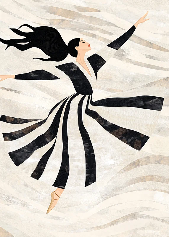 A dancer floats gracefully in black and white swirls-12
