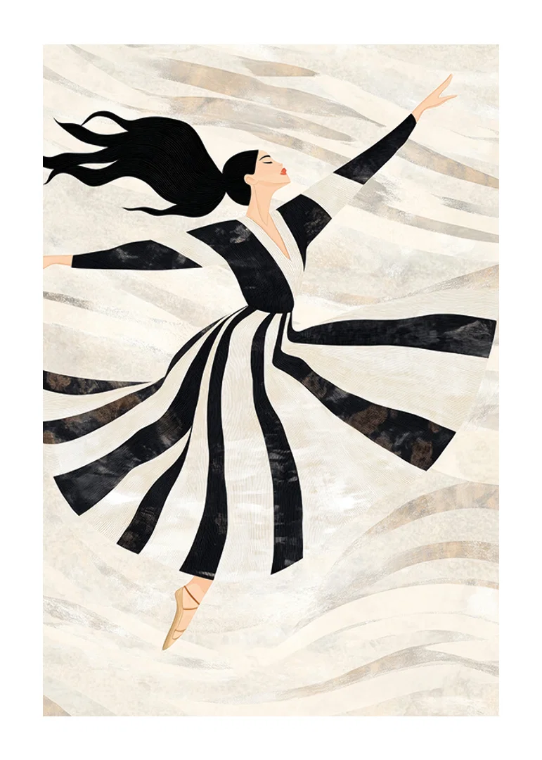 A dancer floats gracefully in black and white swirls-12
