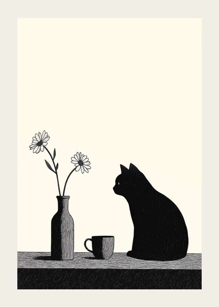 La silueta de un gato añade misterio y encanto a esta escena minimalista.-12