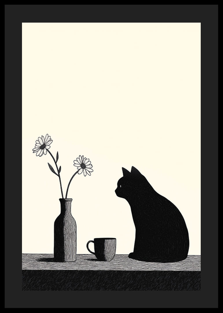 La silueta de un gato añade misterio y encanto a esta escena minimalista.-12