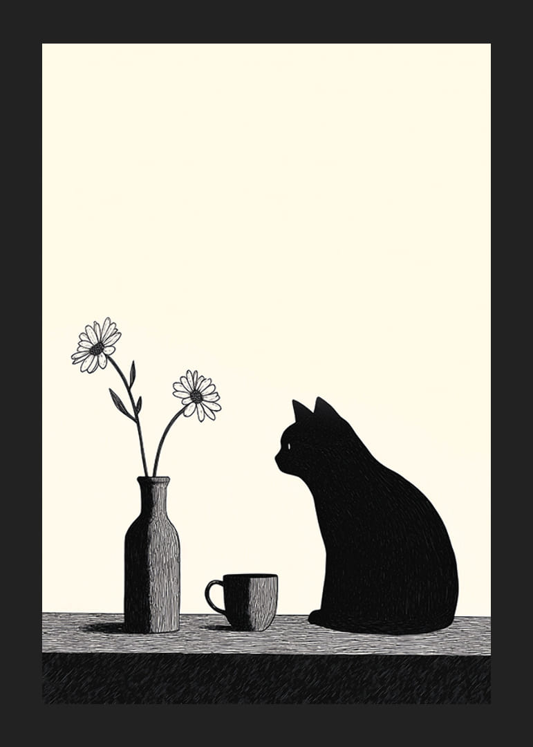 La silueta de un gato añade misterio y encanto a esta escena minimalista.-12