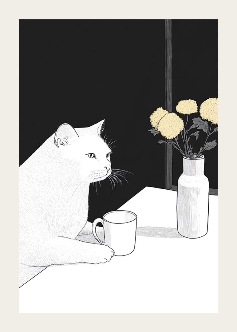 Un gatto e dei fiori in armoniosa semplicità-12