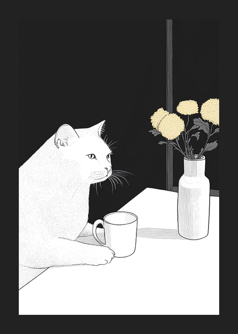 Un gatto e dei fiori in armoniosa semplicità-12