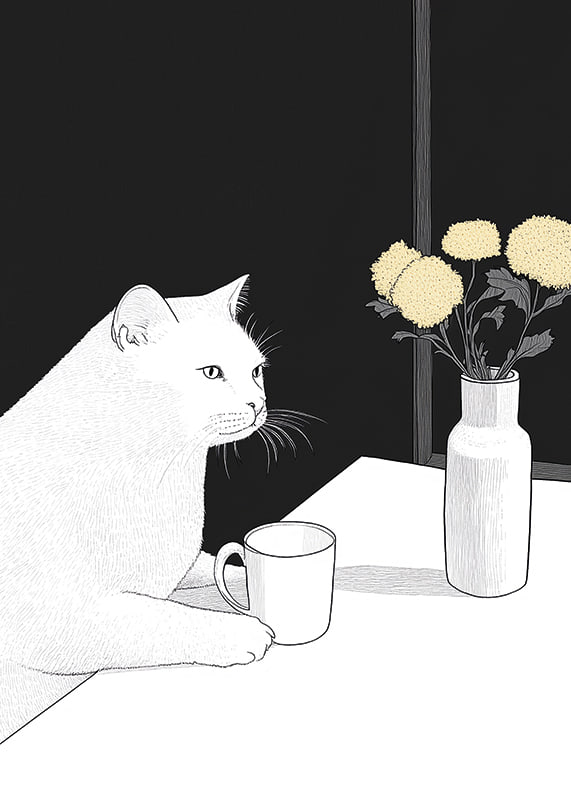 Un gatto e dei fiori in armoniosa semplicità-12